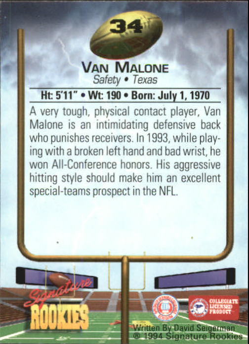 1994 Signature Rookies Autographs #34 Van Malone back image