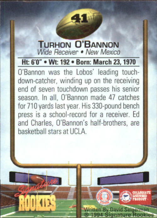 1994 Signature Rookies Autographs #41 Turhon O'Bannon back image