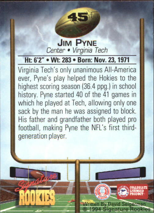 1994 Signature Rookies Autographs #45 Jim Pyne back image