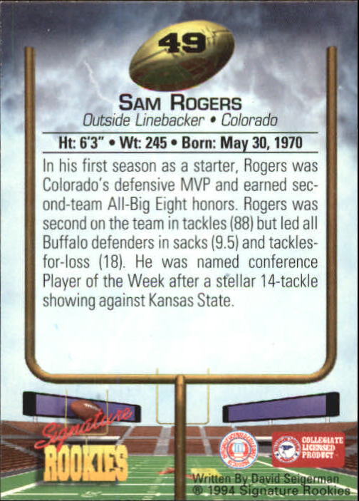 1994 Signature Rookies Autographs #49 Sam Rogers back image