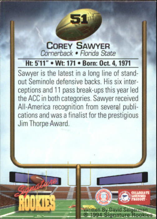 1994 Signature Rookies Autographs #51 Corey Sawyer back image