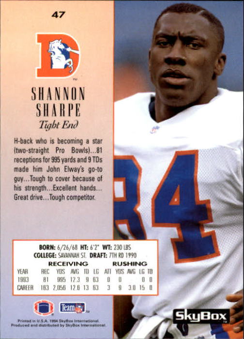 1994 SkyBox Premium #47 Shannon Sharpe back image