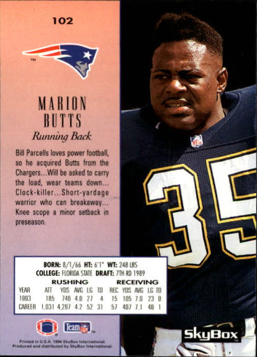 1994 SkyBox Premium #102 Marion Butts back image
