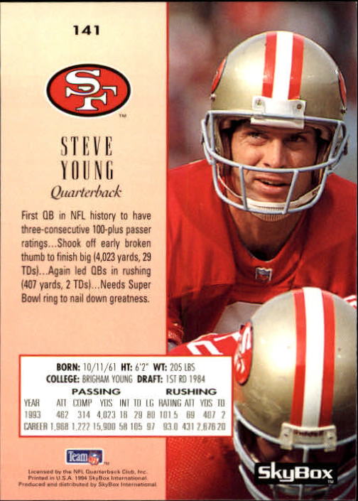 1994 SkyBox Premium #141 Steve Young back image