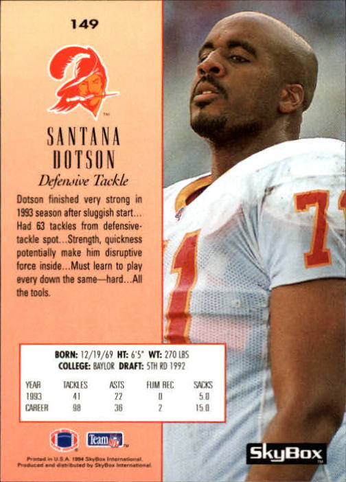 1994 SkyBox Premium #149 Santana Dotson back image