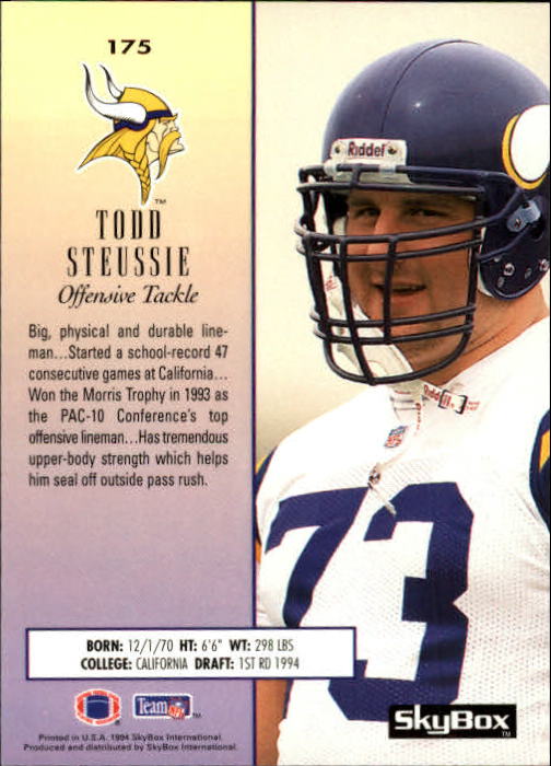 1994 SkyBox Premium #175 Todd Steussie RC back image