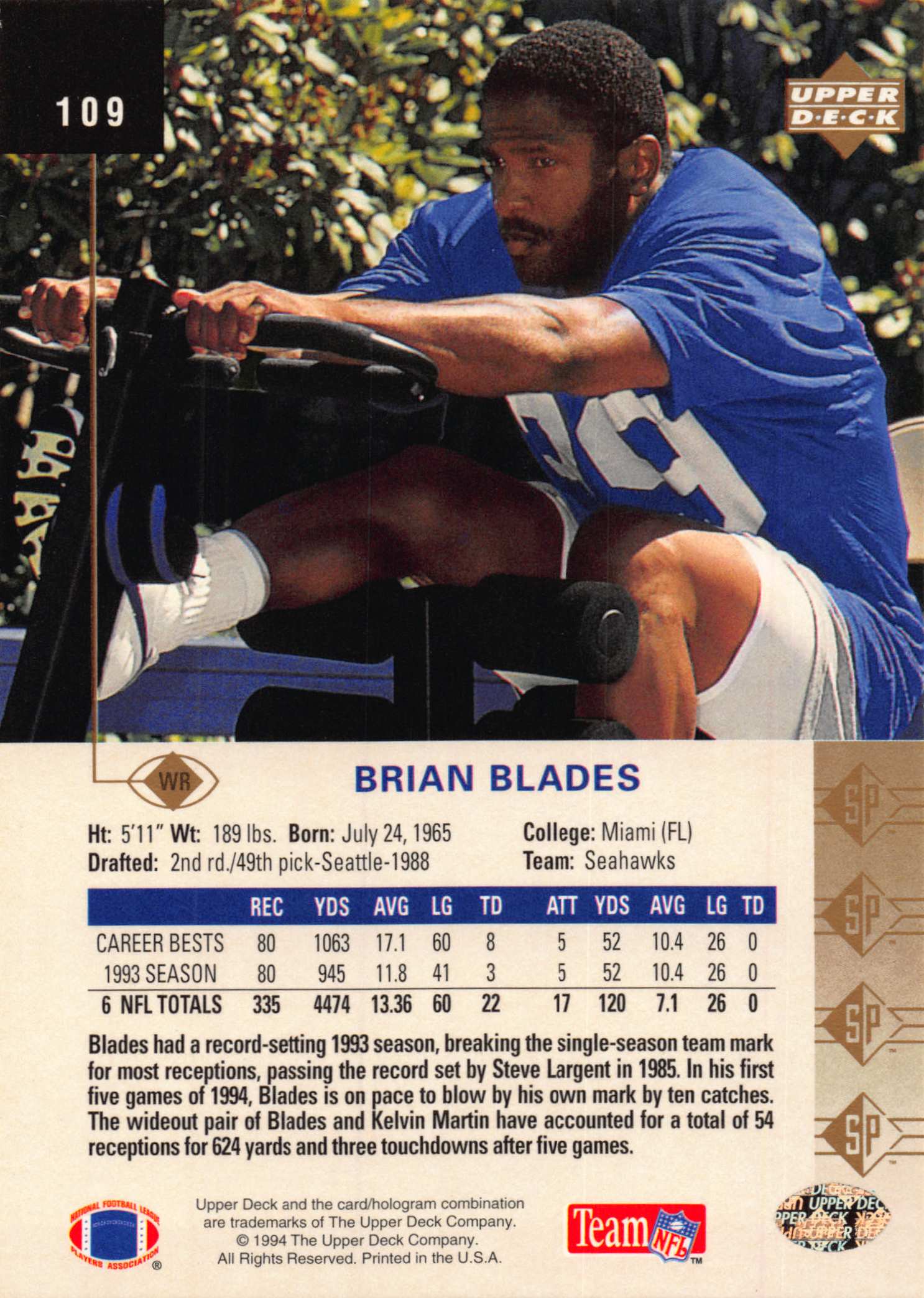 1994 SP #109 Brian Blades back image