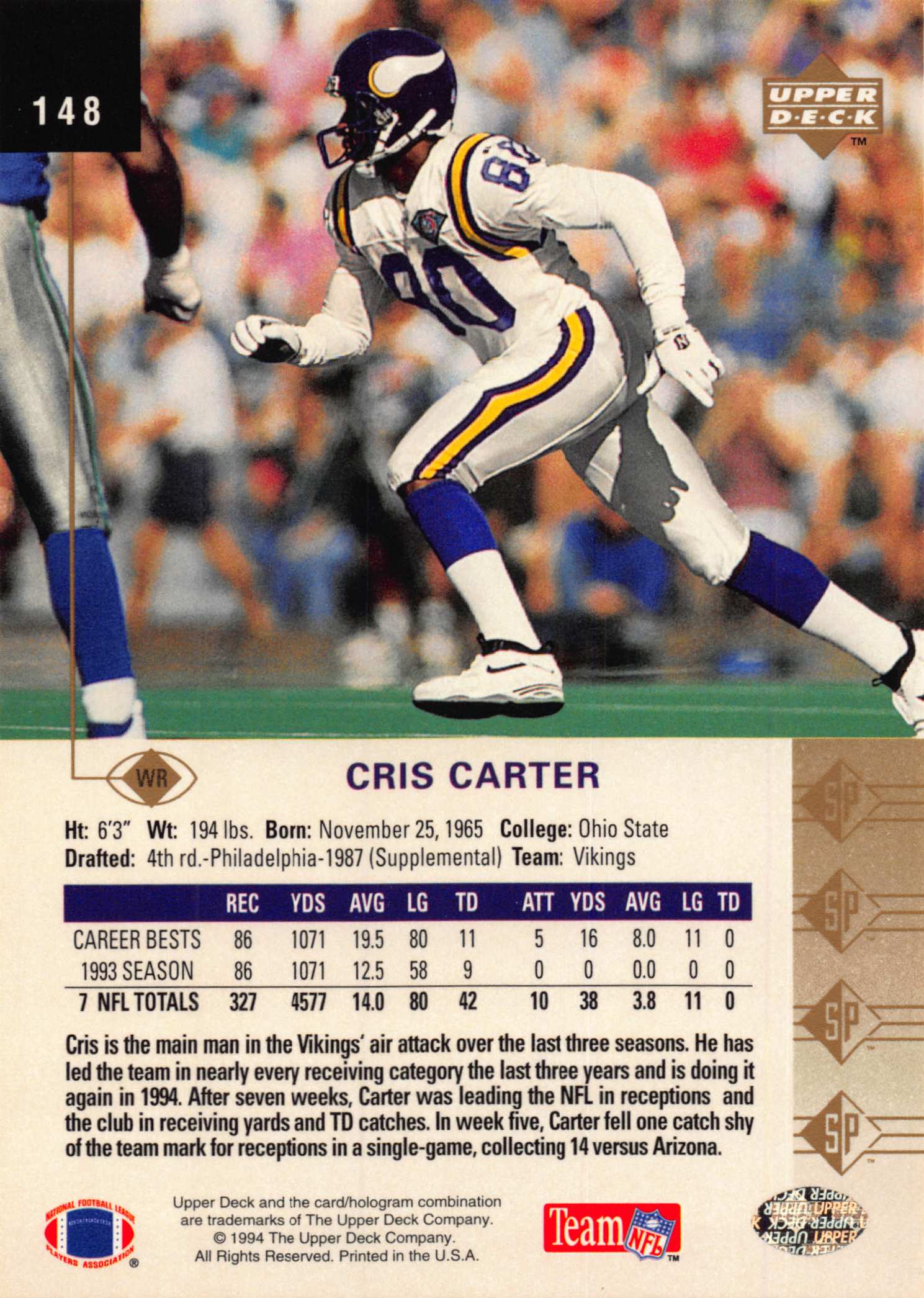 1994 SP #148 Cris Carter back image