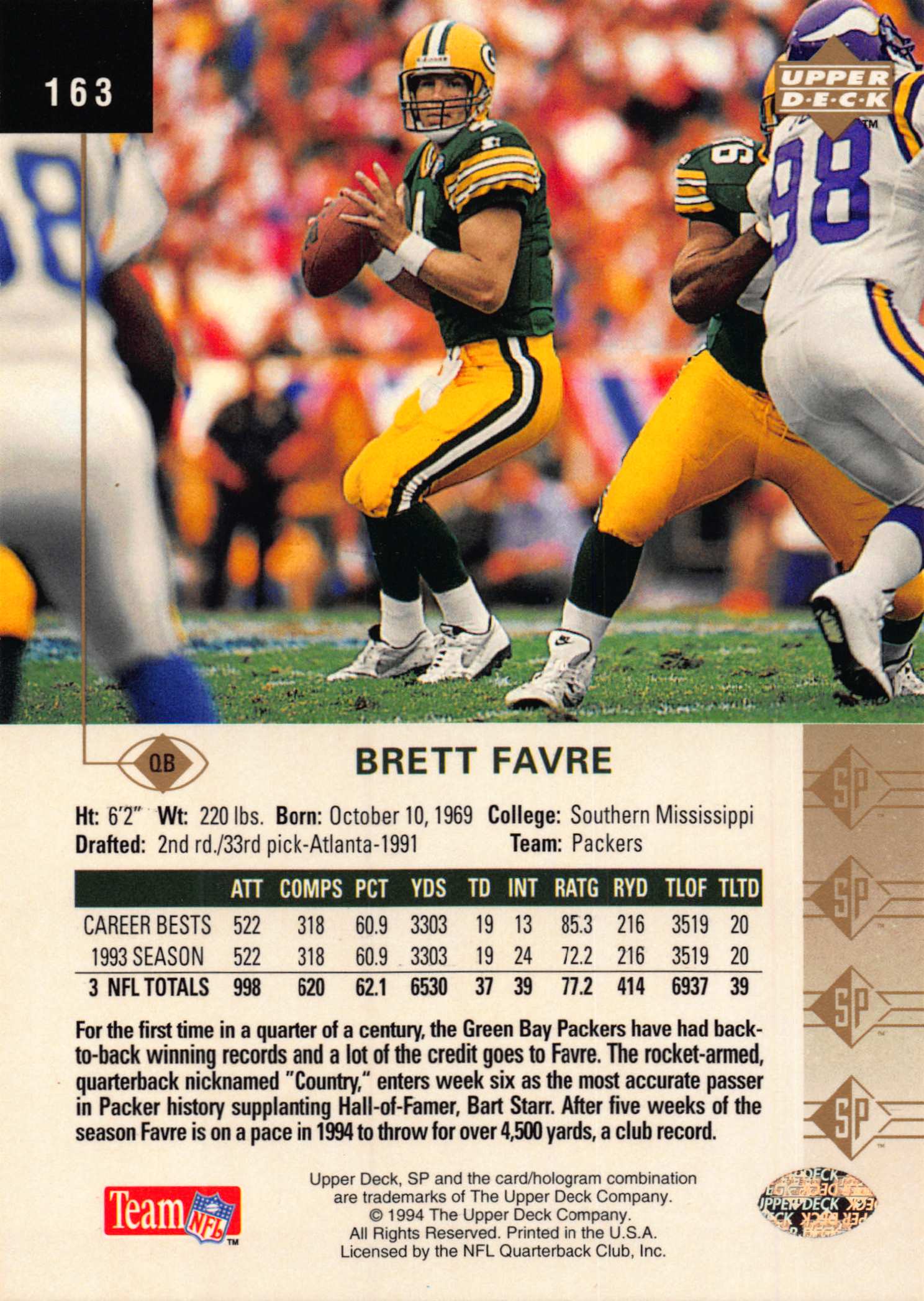 1994 SP #163 Brett Favre back image