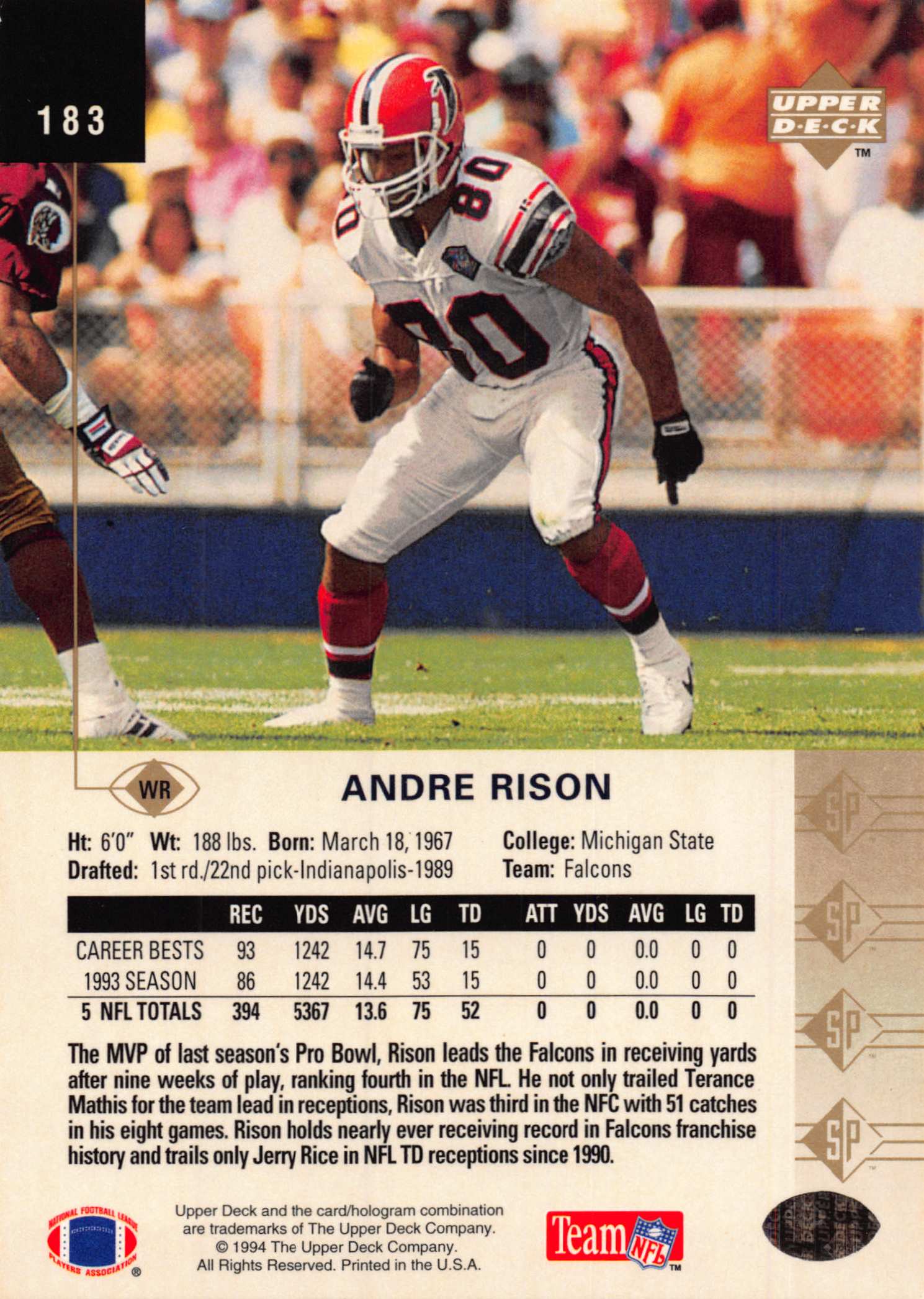 1994 SP #183 Andre Rison back image