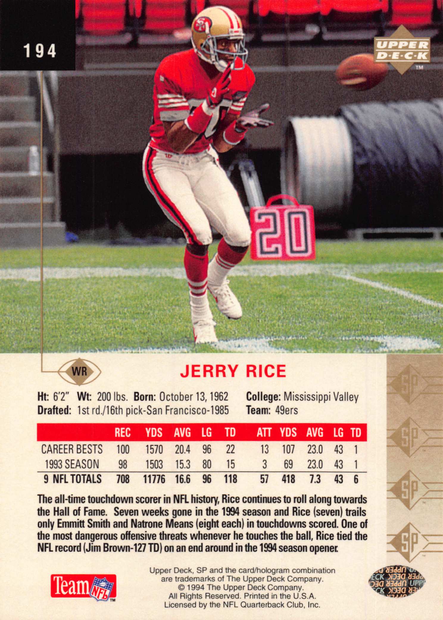 1994 SP #194 Jerry Rice back image
