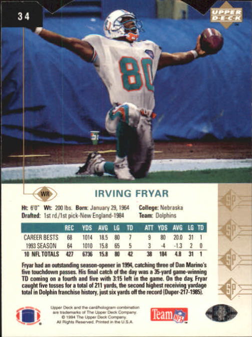 1994 SP Die Cuts #34 Irving Fryar back image