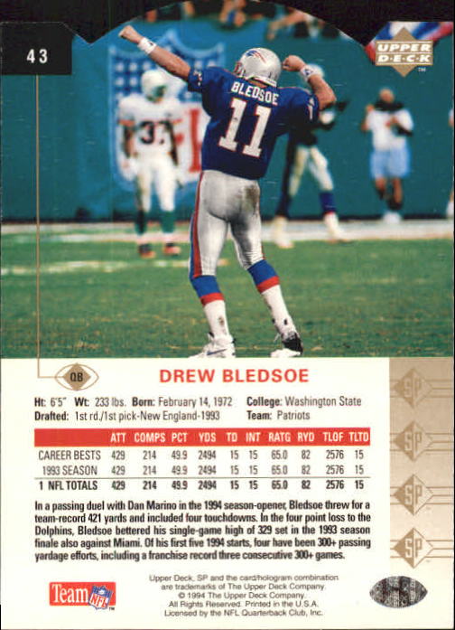 1994 SP Die Cuts #43 Drew Bledsoe back image