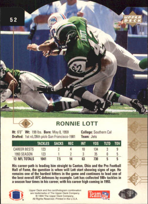 1994 SP Die Cuts #52 Ronnie Lott back image