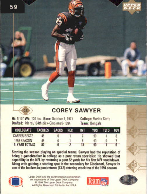 1994 SP Die Cuts #59 Corey Sawyer back image