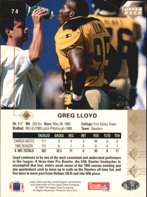 1994 SP Die Cuts #74 Greg Lloyd back image