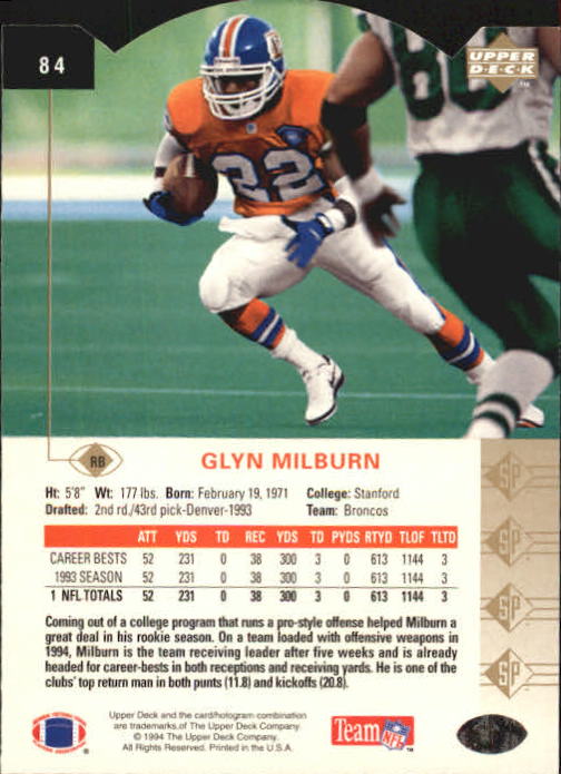 1994 SP Die Cuts #84 Glyn Milburn back image