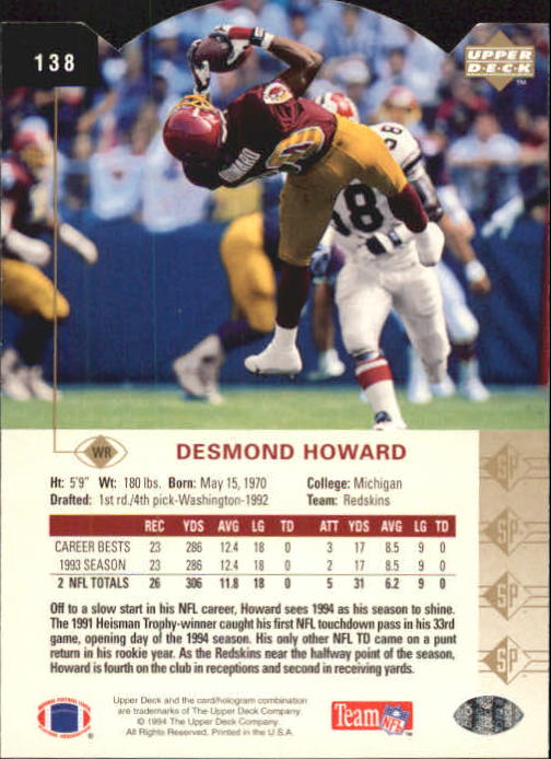 1994 SP Die Cuts #138 Desmond Howard back image