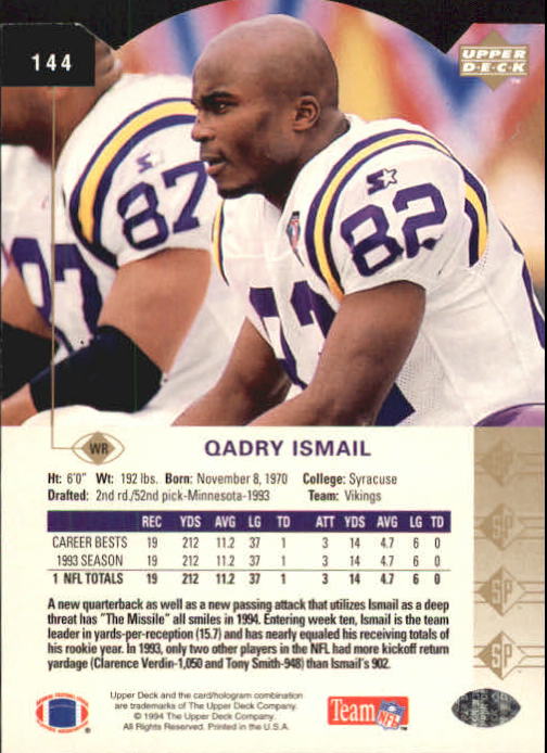 1994 SP Die Cuts #144 Qadry Ismail back image