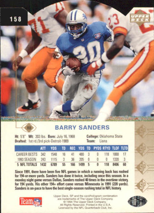 1994 SP Die Cuts #158 Barry Sanders back image