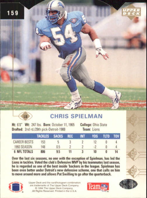 1994 SP Die Cuts #159 Chris Spielman back image