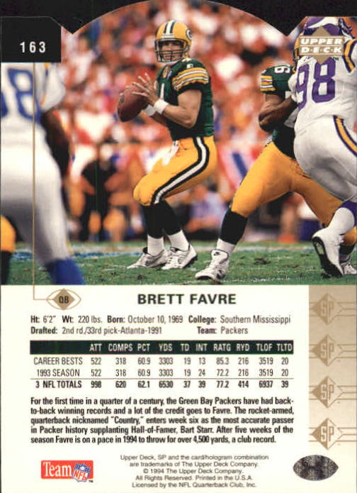 1994 SP Die Cuts #163 Brett Favre back image