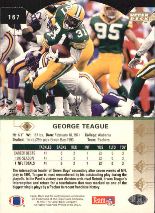 1994 SP Die Cuts #167 George Teague back image