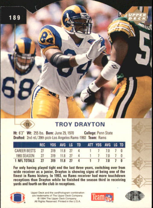 1994 SP Die Cuts #189 Troy Drayton back image