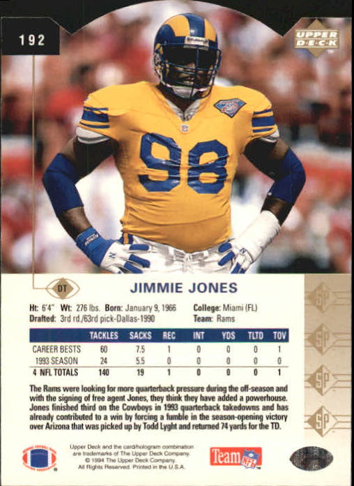 1994 SP Die Cuts #192 Jimmie Jones back image