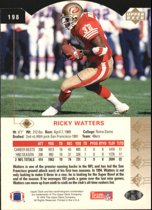 1994 SP Die Cuts #198 Ricky Watters back image