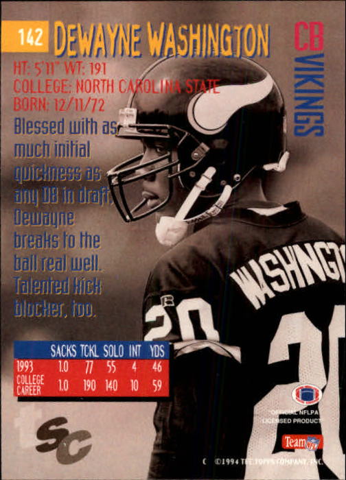 1994 Stadium Club #142 Dewayne Washington RC back image
