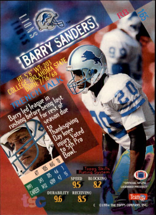 1994 Stadium Club #165 Barry Sanders back image