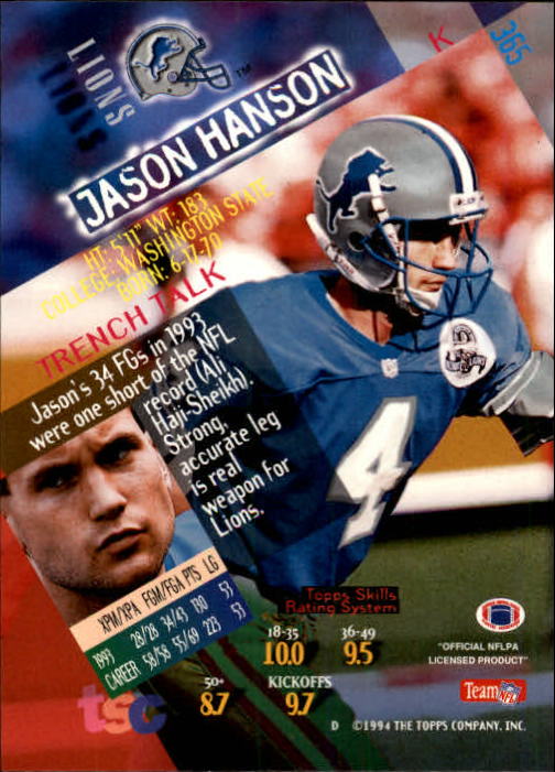 1994 Stadium Club #365 Jason Hanson back image