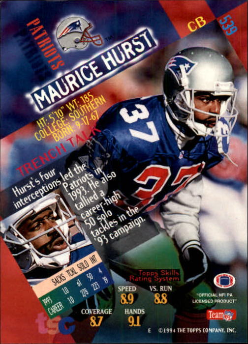 1994 Stadium Club #539 Maurice Hurst back image