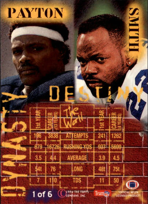 1994 Stadium Club Dynasty and Destiny #1 Emmitt Smith/Walter Payton back image