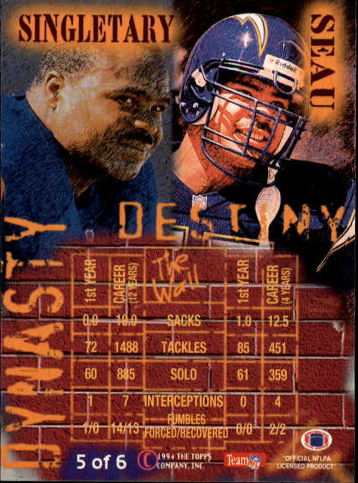 1994 Stadium Club Dynasty and Destiny #5 Junior Seau/Mike Singletary back image