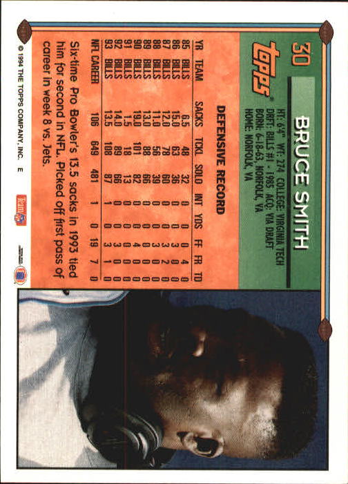 1994 Topps #30 Bruce Smith back image