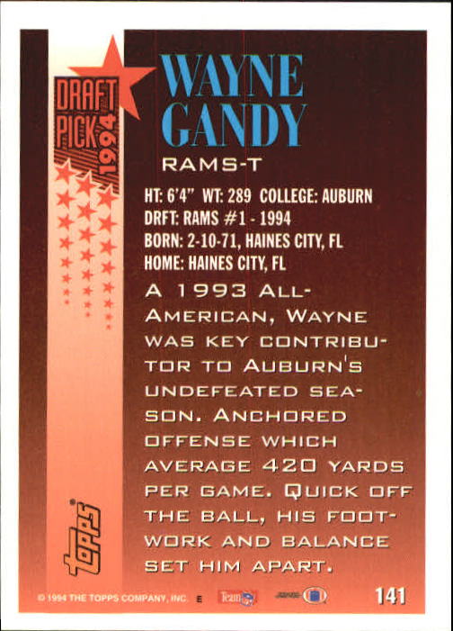 1994 Topps #141 Wayne Gandy RC back image