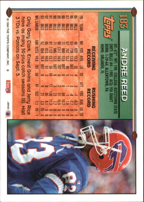 1994 Topps #183 Andre Reed back image