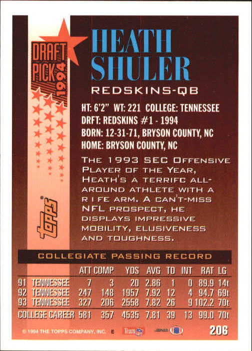1994 Topps #206 Heath Shuler RC UER/(Rifle spelled rife on back) back image