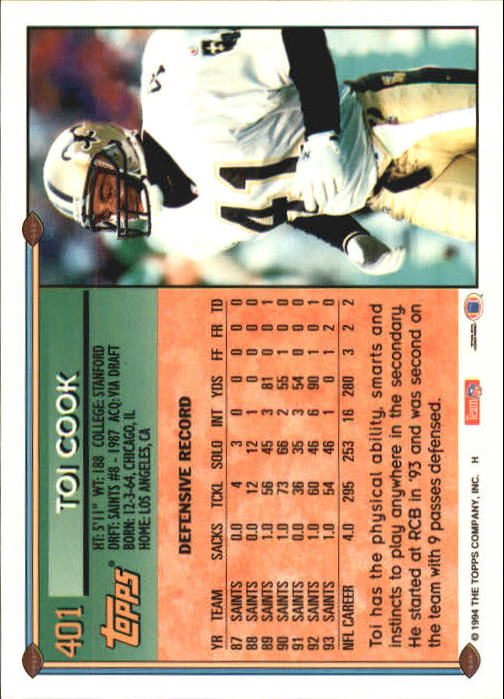 1994 Topps #401 Toi Cook back image