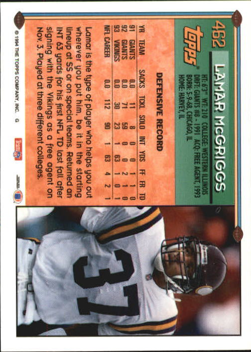 1994 Topps #462 Lamar McGriggs back image