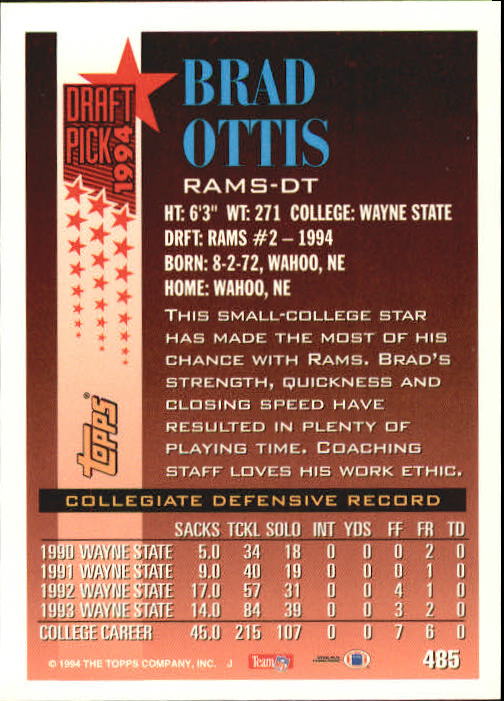 1994 Topps #485 Brad Ottis back image