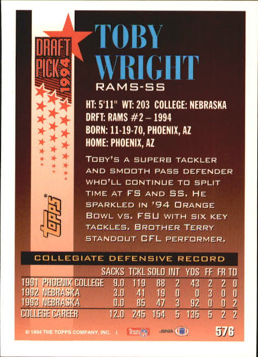 1994 Topps #576 Toby Wright back image
