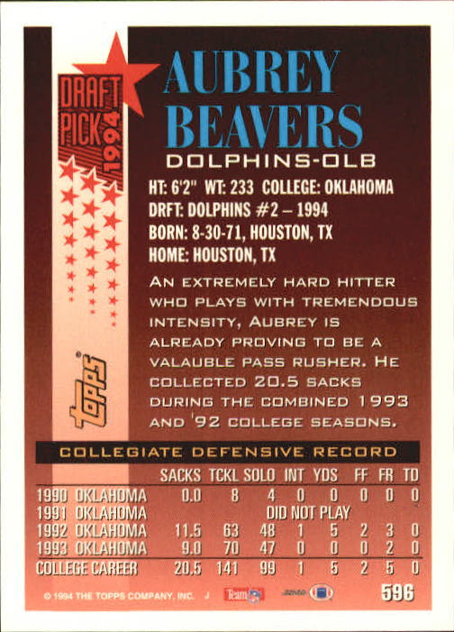 1994 Topps #596 Aubrey Beavers RC back image