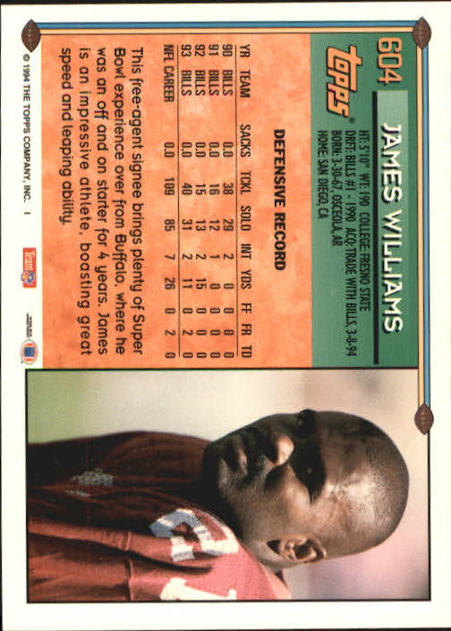 1994 Topps #604 James Williams RC back image