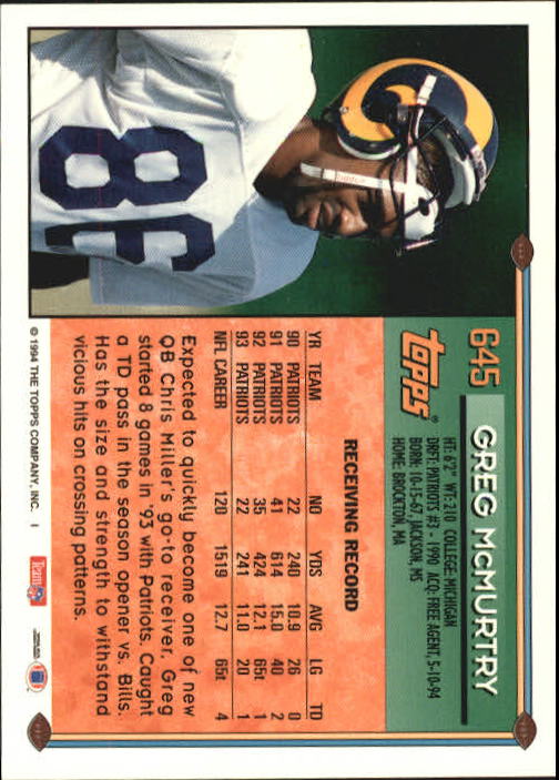 A8029- 1994 Topps Football Cards 551-660 +Rookies -You Pick- 15+ FREE US SHIP - Picture 115 of 125