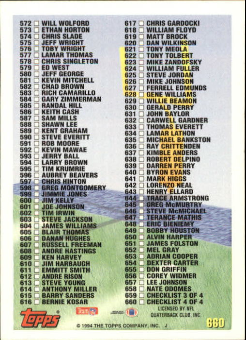A8029- 1994 Topps Football Cards 551-660 +Rookies -You Pick- 15+ FREE US SHIP - Picture 125 of 125