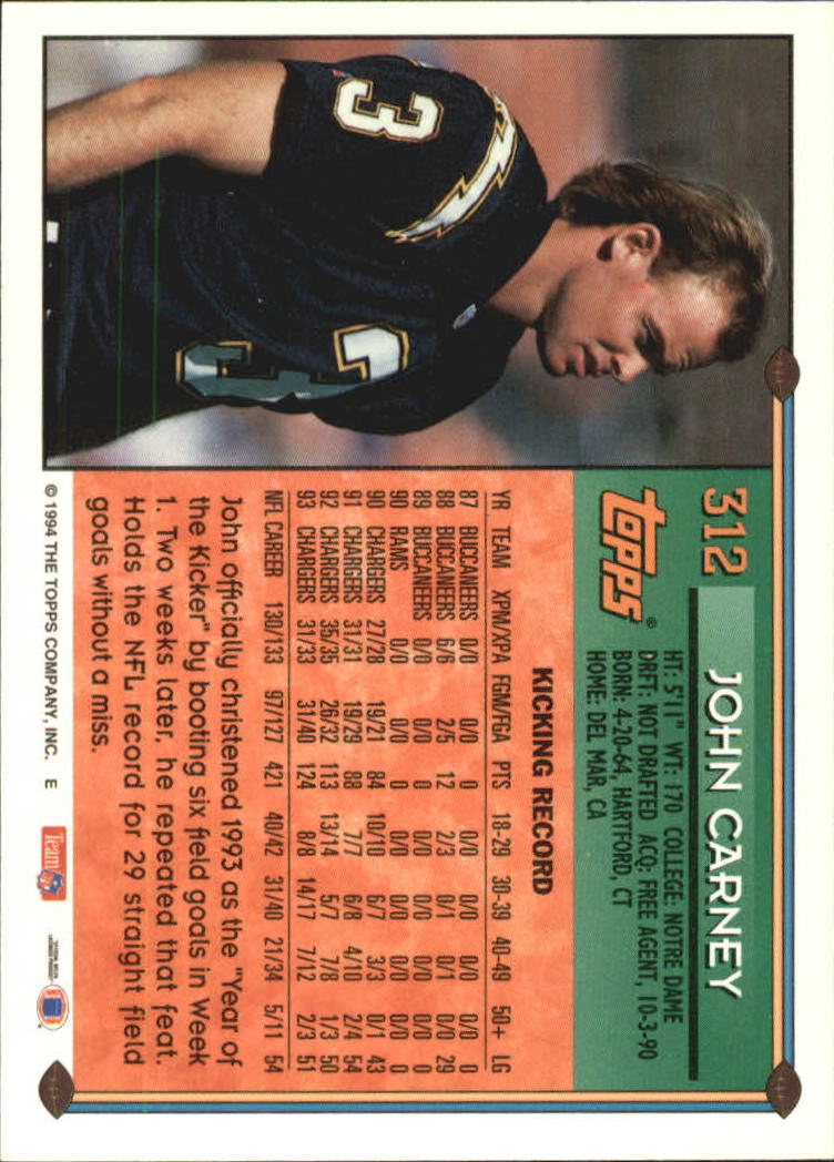 1994 Topps Special Effects #312 John Carney back image