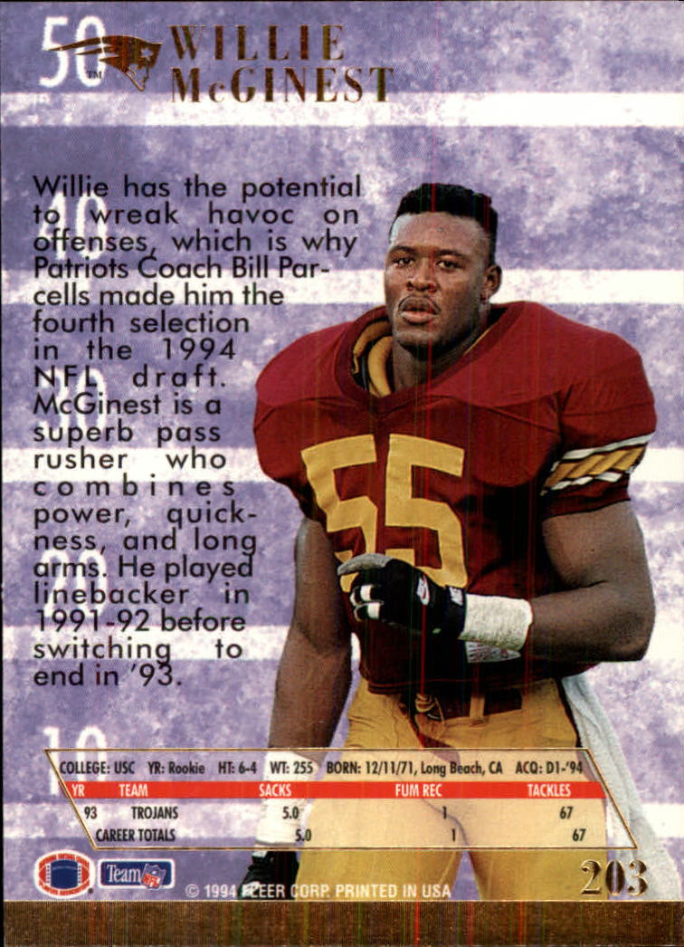 1994 Ultra #203 Willie McGinest RC back image